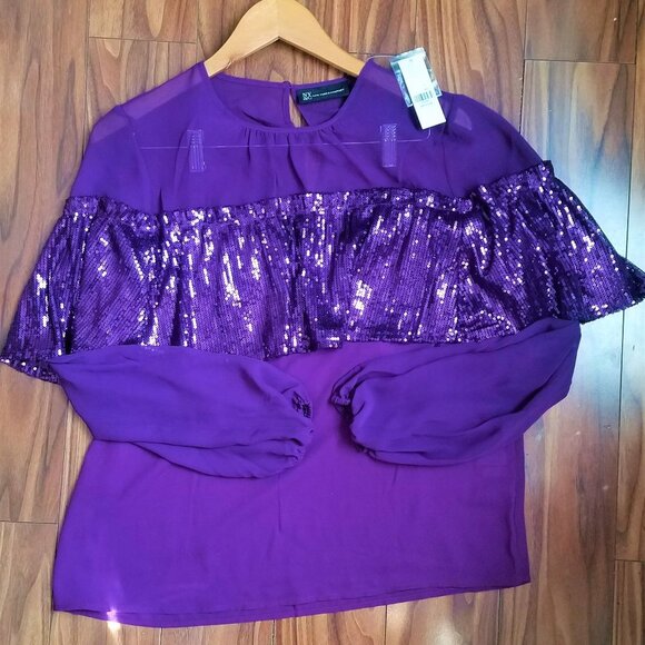 NWT Bright Purple Mesh Sequin Top, size M. - Picture 5 of 5
